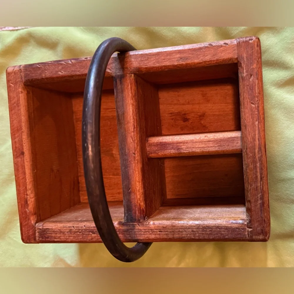 Handcrafted wooden caddy with four compartments and a wrought iron steel handle